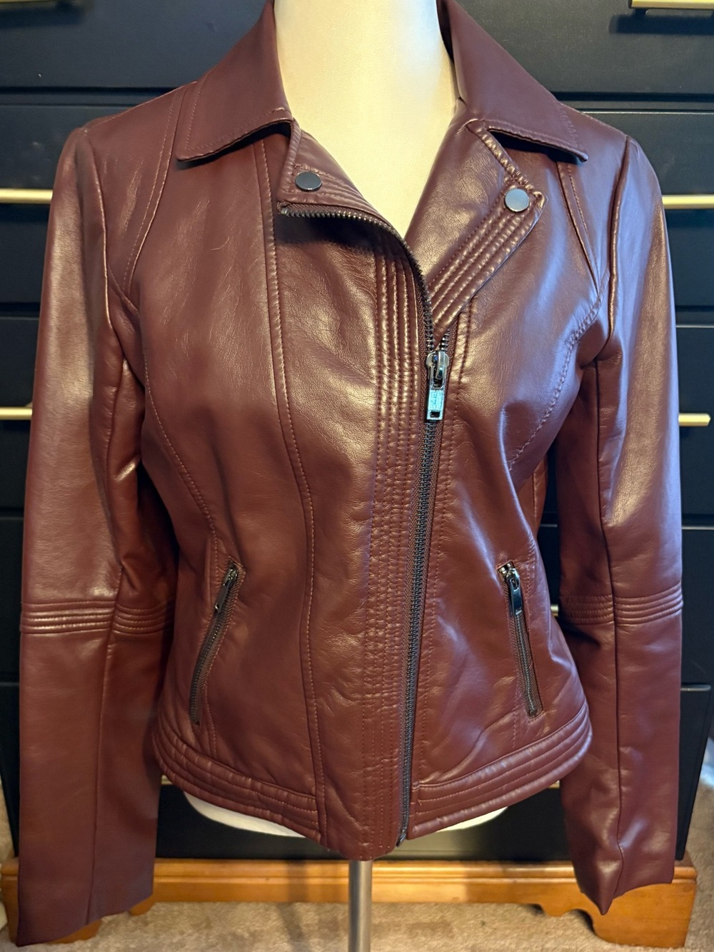 New York & Company Women's Faux Leather Moto Jacket - Burgundy